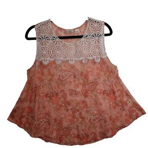 Cato Sheer Top Women's Large Paisley Crochet Floral Lace Sheer Pink Boho Gypsy